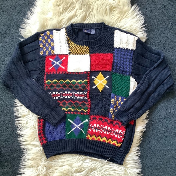 Vintage Sweaters - Vintage chunky knit sweater S patchwork